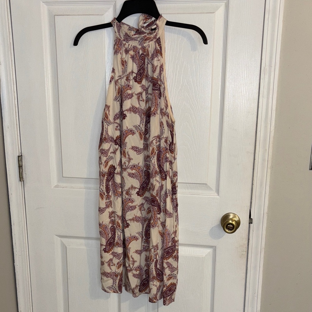 Andrew by Unit Paisley Halter Dress Cream & Purple Accents Tie in the back M